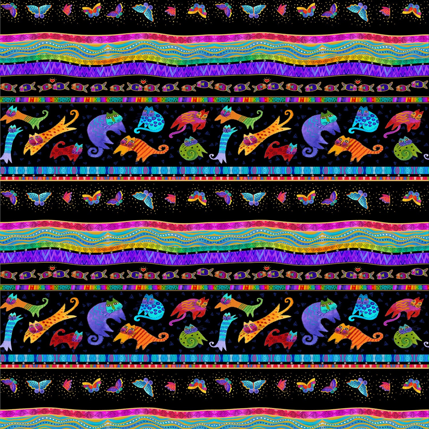 Fantasticats | Digital Pictorial Stripe Black Metallic by Laurel Burch for Clothworks | Y4340-3M