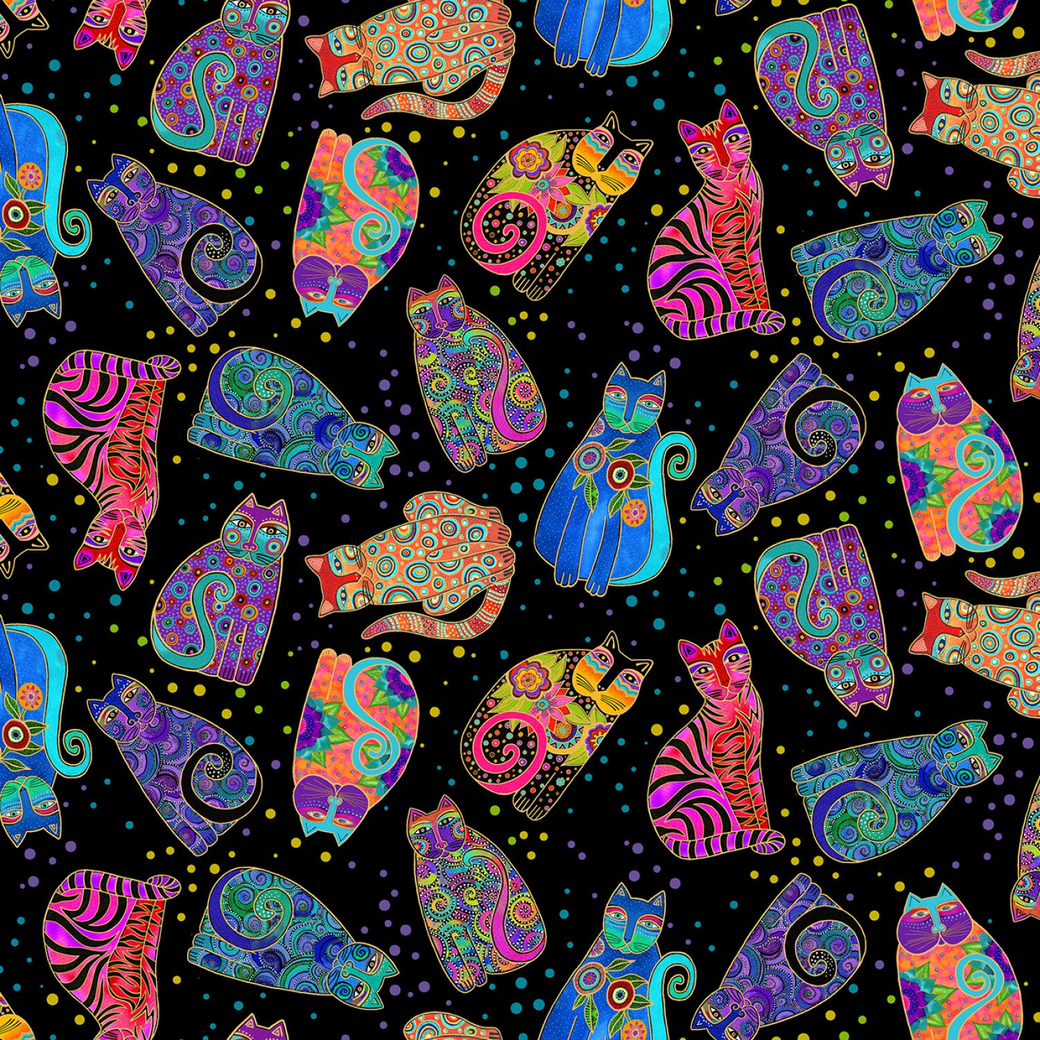 Fantasticats | Digital Tossed Cats Black Metallic by Laurel Burch for Clothworks | Y4343-3M