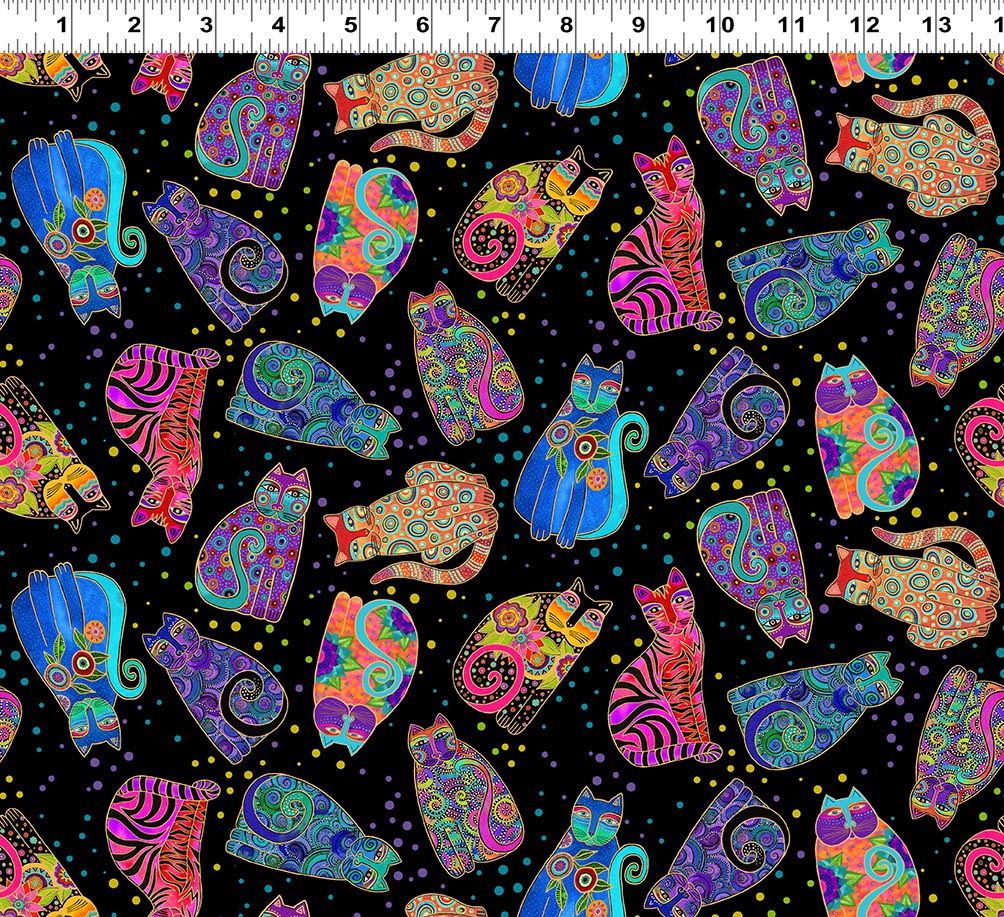 Fantasticats | Digital Tossed Cats Black Metallic by Laurel Burch for Clothworks | Y4343-3M