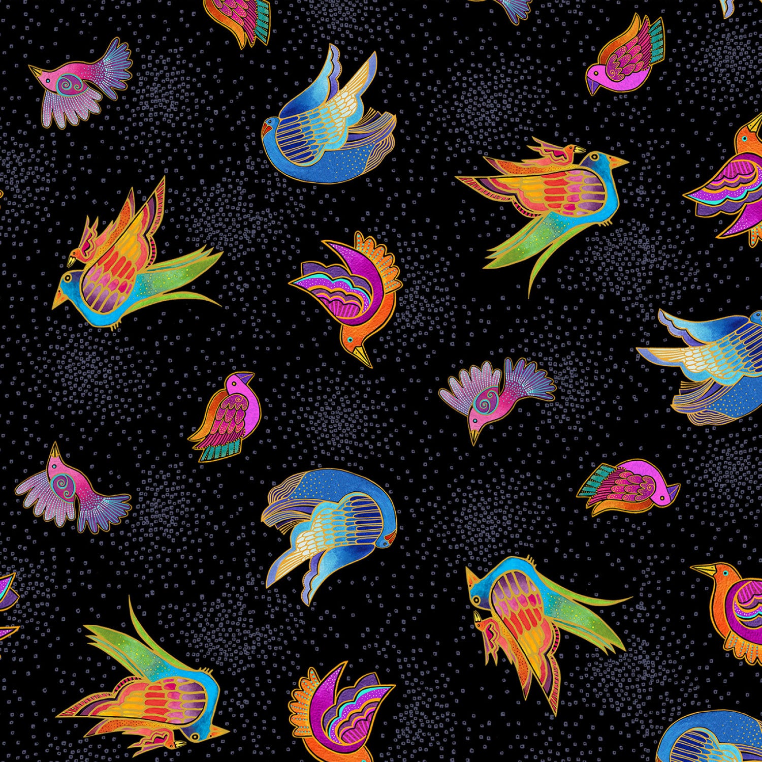 Fantasticats | Digital Birds Black by Laurel Burch for Clothworks | Y4346-3