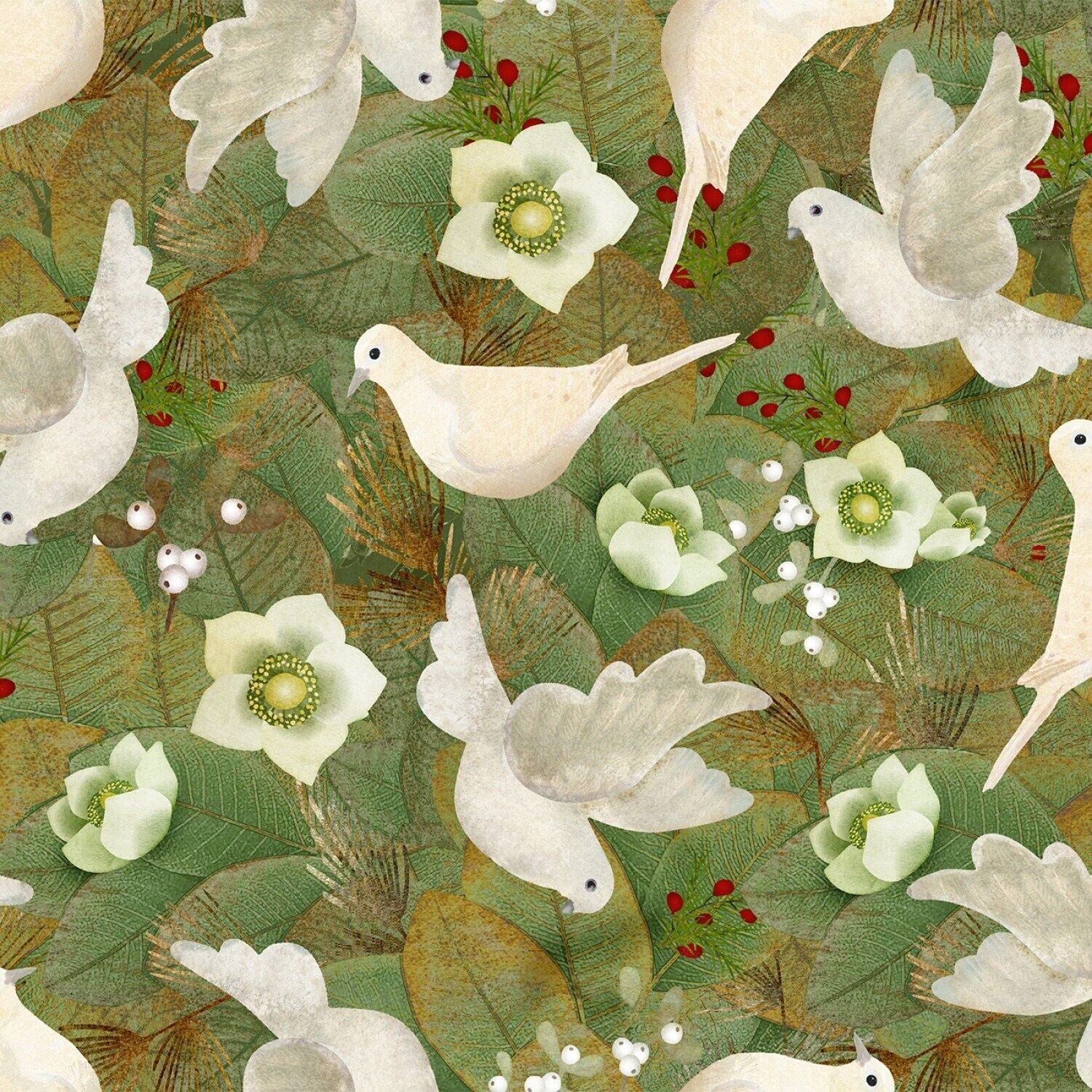 French Countryside Christmas | Flying Doves Green by Beth Albert for 3 Wishes | 20922-GRN