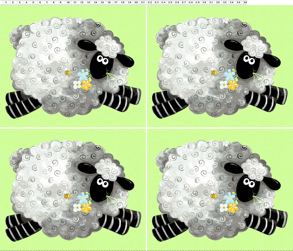 Lewe the Ewe | Lewe the Ewe 36" Fat Quarter Sheep Panel Light Green by Susybee for Clothworks