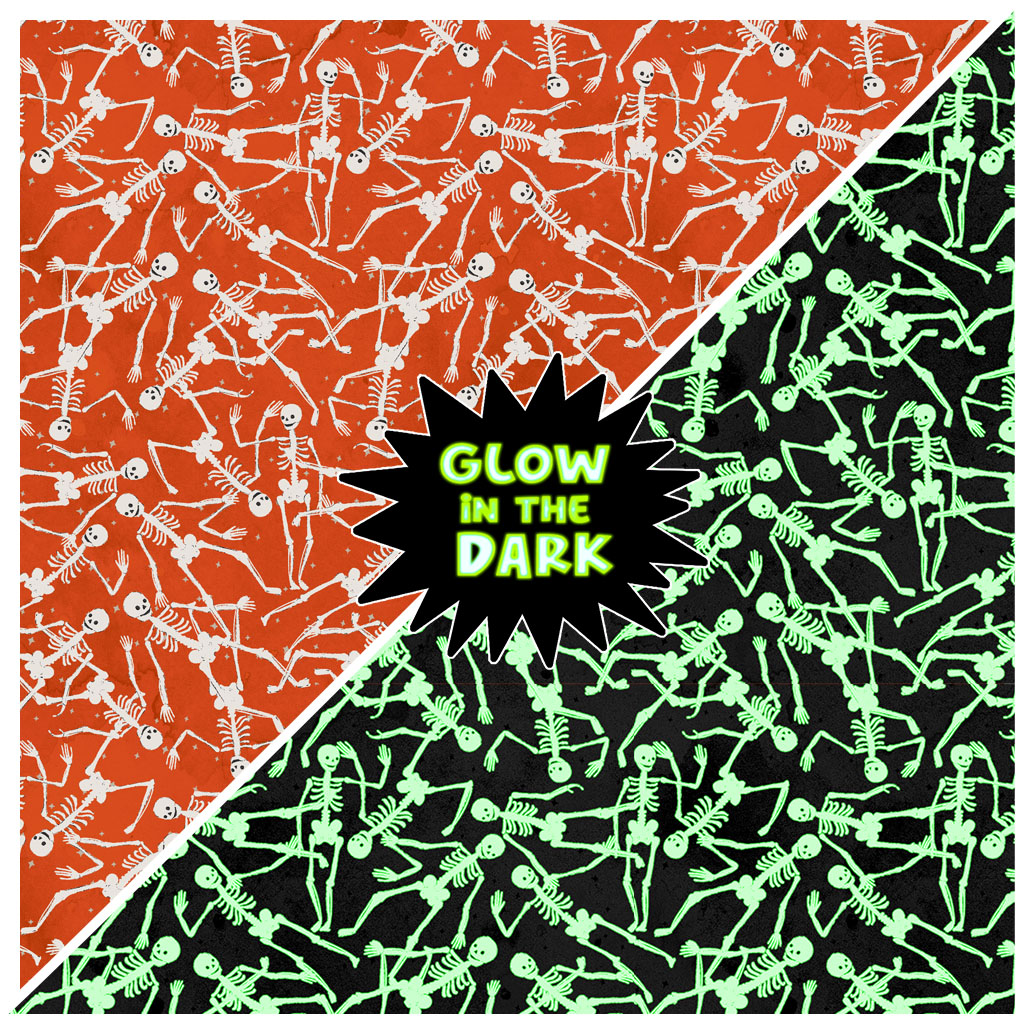 Toil and Trouble | Glow in the Dark Skeletons Orange by Heatherlee Chan for Clothworks