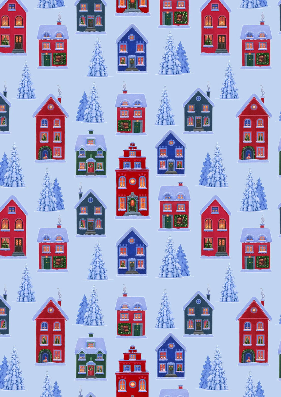 Tomtens Village - Village and Trees on Blue - (half yard)