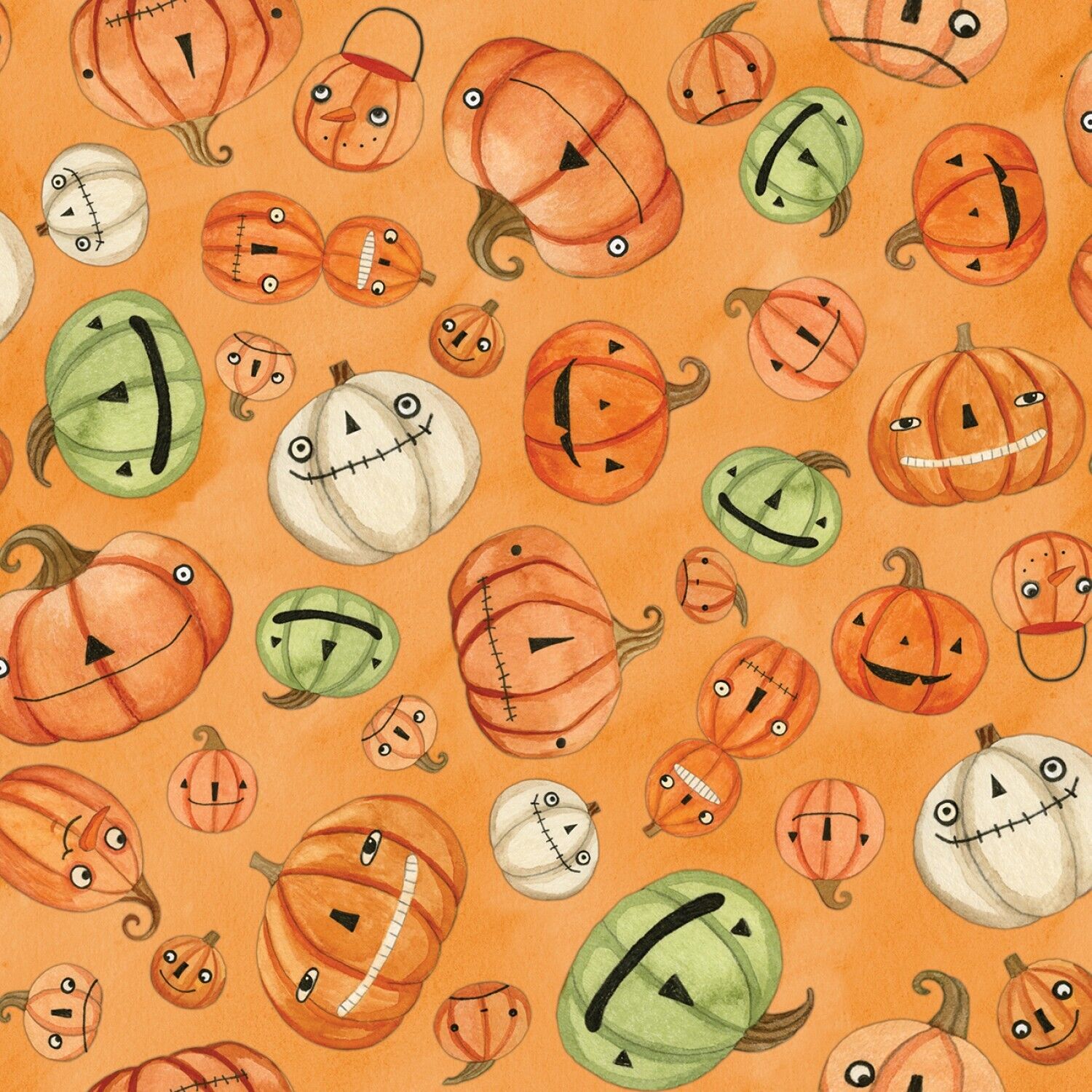 Halloween Whimsy - Pumpkins on Orange - Cotton Fabric (half yard)