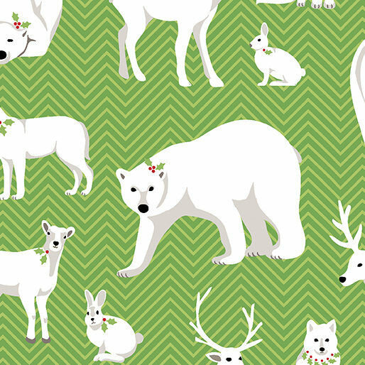 Nordic Holiday - White Animals Green - 1 YARD - Benartex