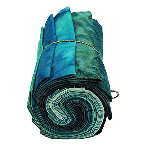 Hoffman California Fabrics Fat Quarter Bundle - Hoffman 1895 Watercolors Teal Treasures Blues Greens Batiks 12 Count Fat Quarters (M527.08)