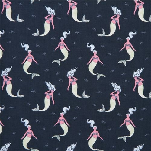 dark grey-blue cotton fabric with cute mermaids (per 0.5 yard unit)