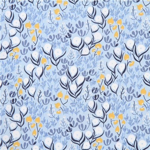 light blue cotton fabric with flowers and leaves in blue, white etc. (per 0.5 yard unit)