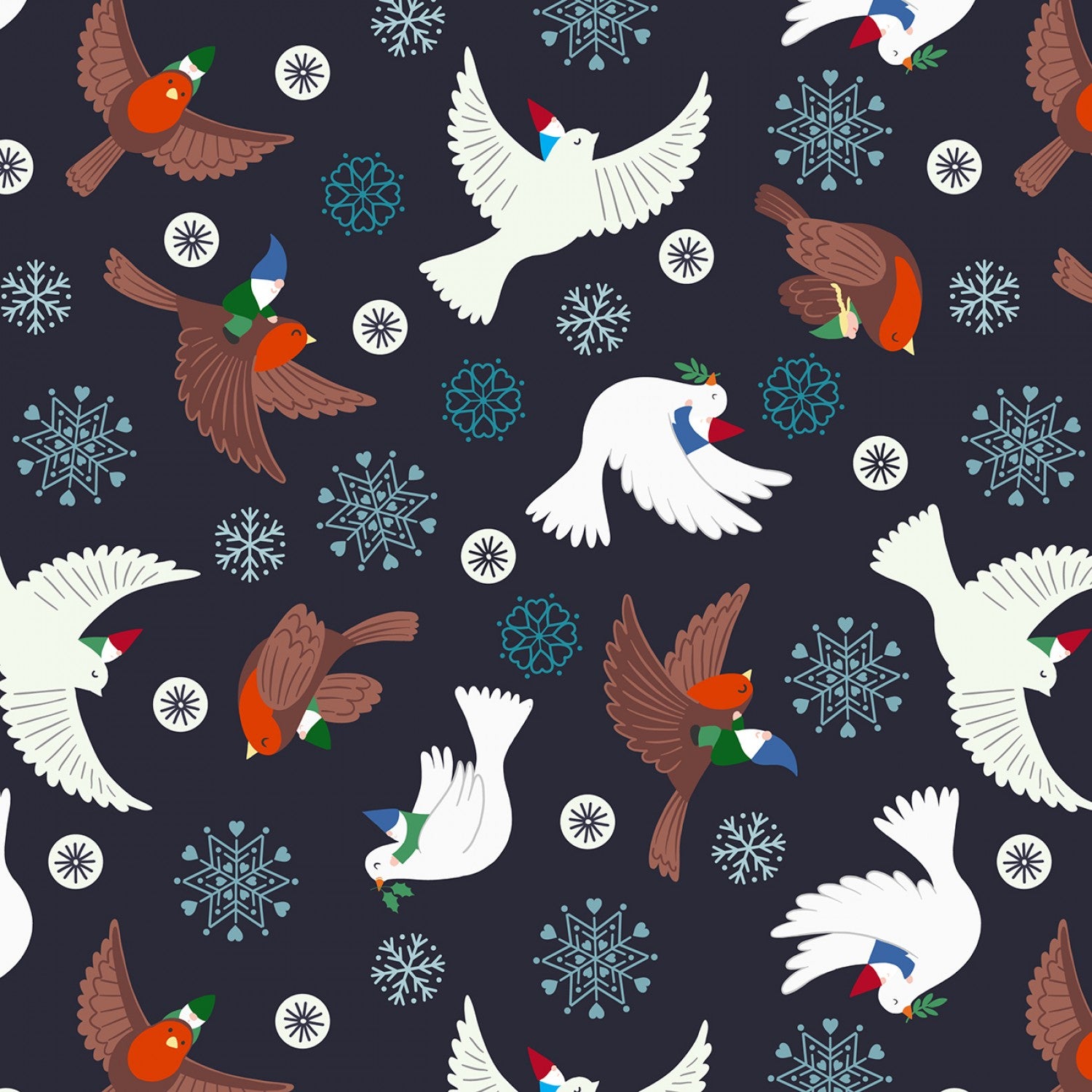 Hygee Glow by Lewis & Irene - Flying Tomte on Charcoal *Glow in the Dark* - (1 yard cotton)