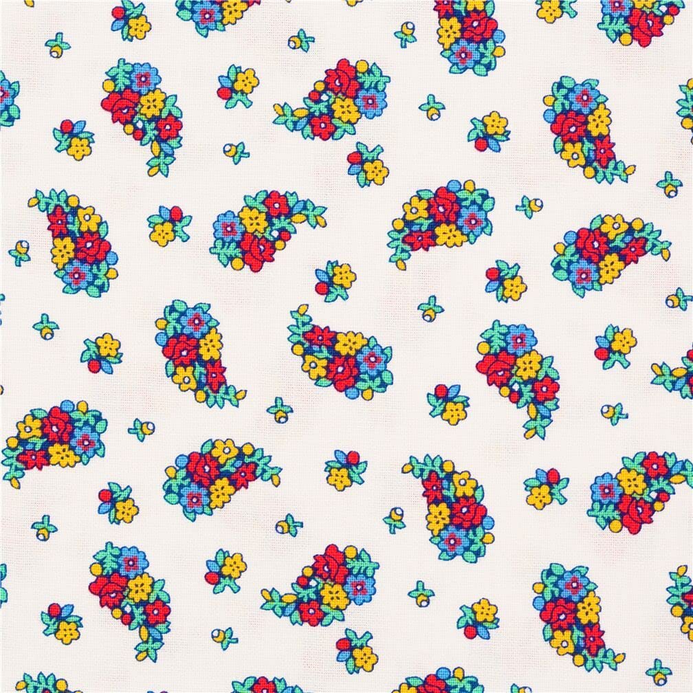 Portobello Paisley 60s 70s retro design rainbow mini florals in bunches white cotton Liberty Fabrics UK, Carnaby Collection (per 0.5 yard)