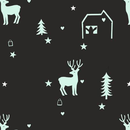 Hygee Glow by Lewis & Irene - Tomte Forest on Charcoal *Glow in the Dark* - (1 yard cotton)