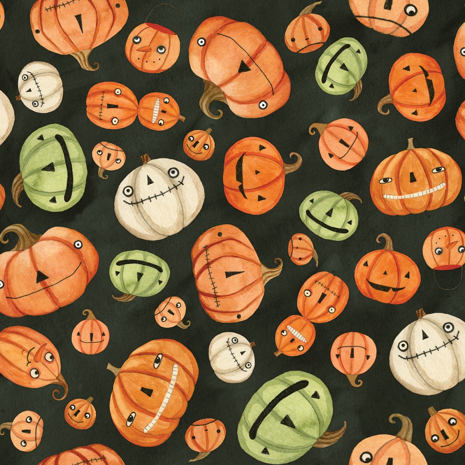 Halloween Whimsy - Pumpkins on Black - Cotton Fabric (half yard)
