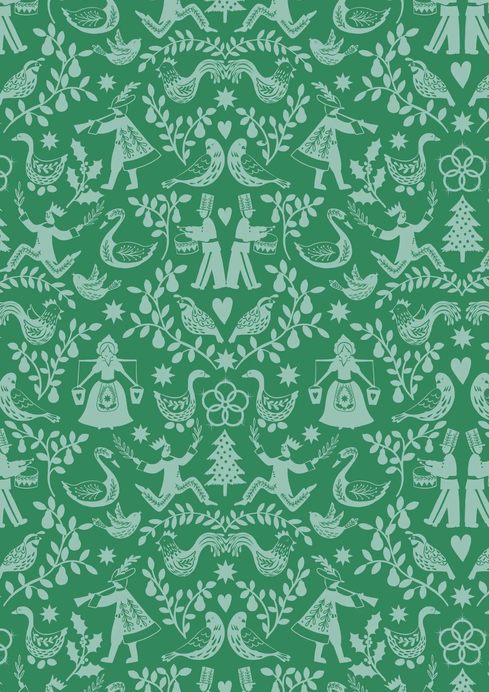 12 Days of Christmas - Mirrored on Green (half yard)