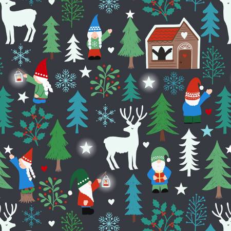 Hygee Glow by Lewis & Irene - Tomte Forest on Charcoal *Glow in the Dark* - (1 yard cotton)