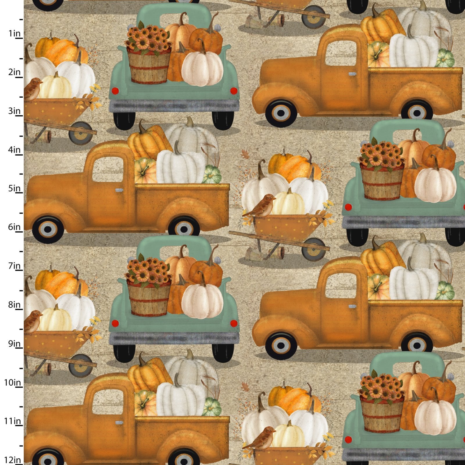 Pick of the Patch - Pumpkin Filled Trucks Tan by Beth Albert for 3 Wishes - HALF YARD